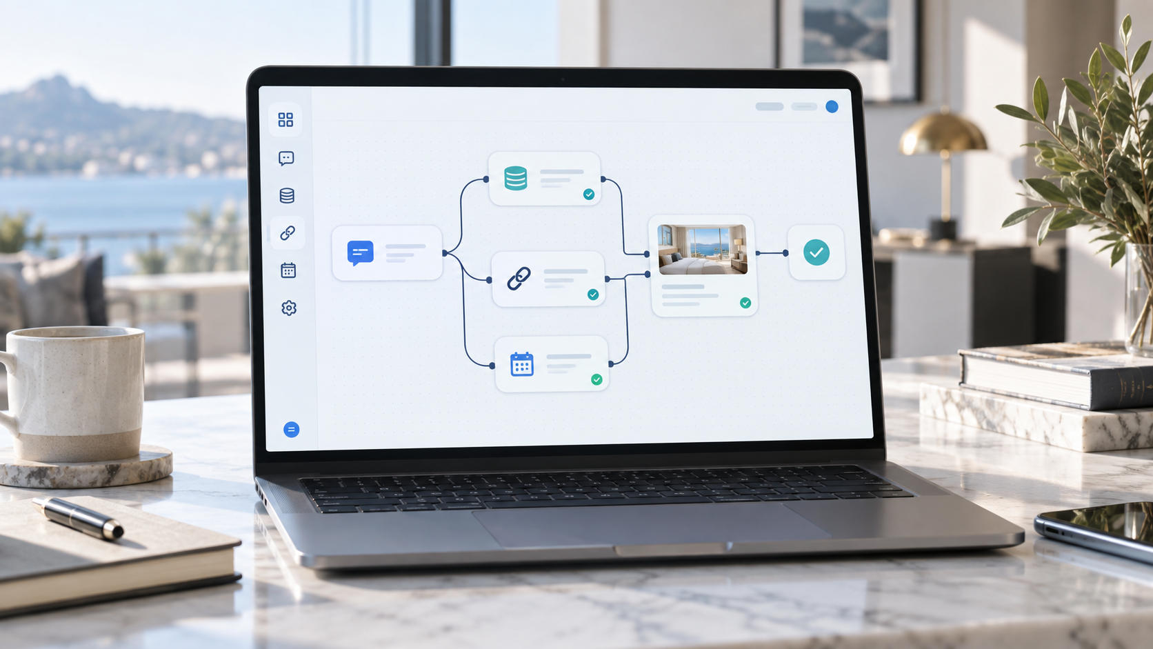 Hospitality service dashboard connecting guest conversations, reservations, and automated workflow steps