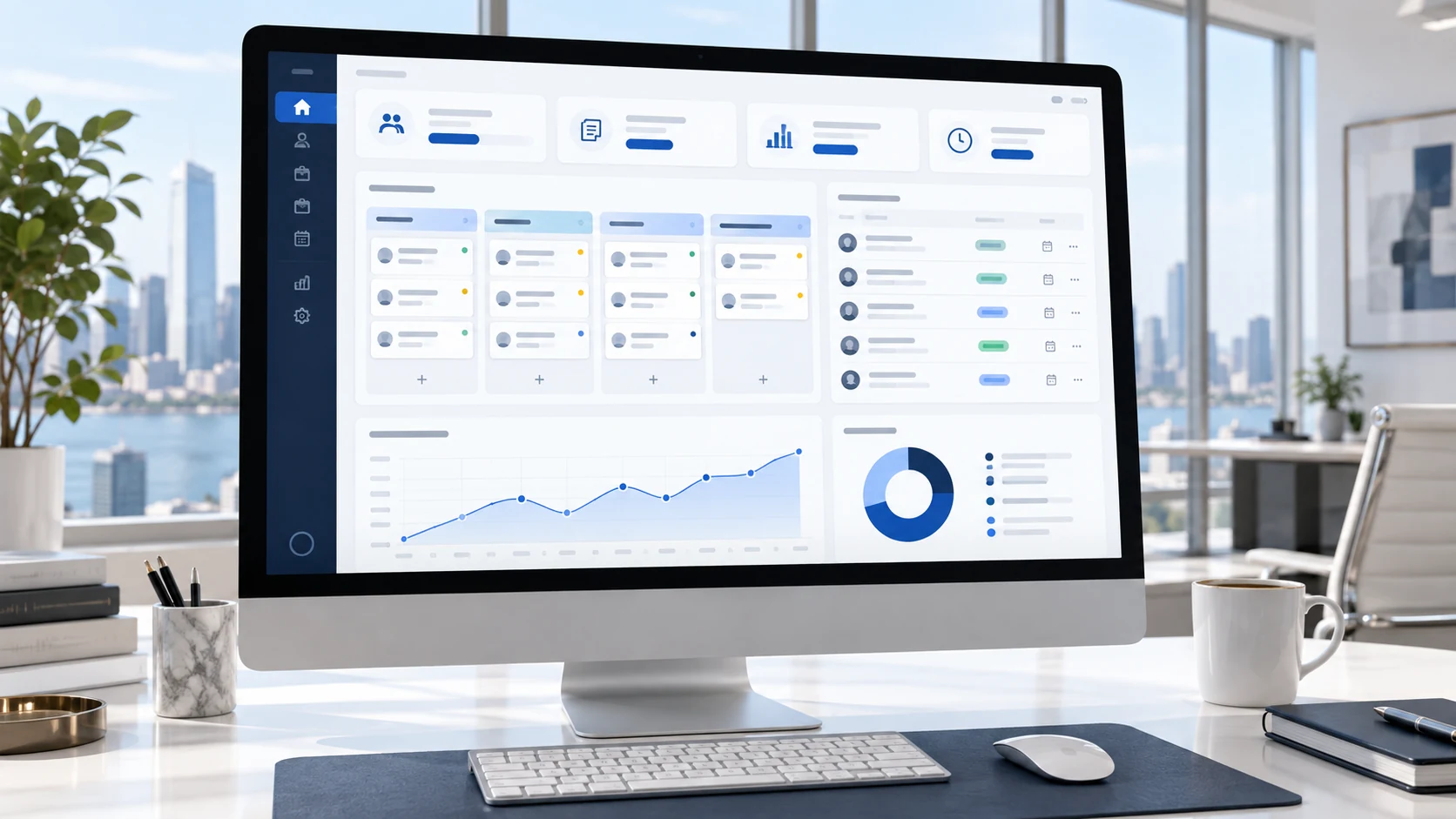 Recruitment and operations dashboard with candidate stages, hiring funnel, tasks, and team metrics