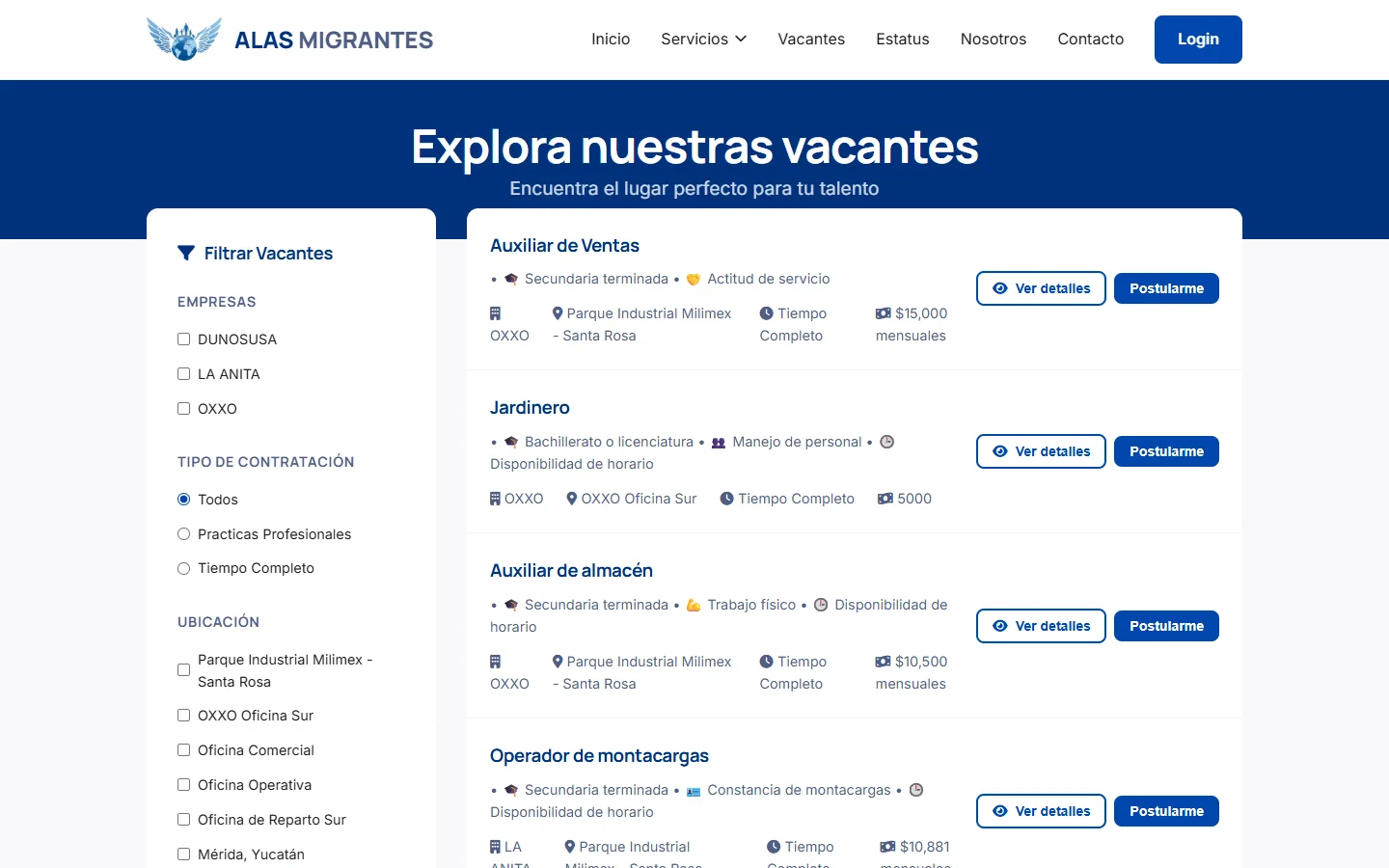 Alas Migrantes — public vacancy search and filters.