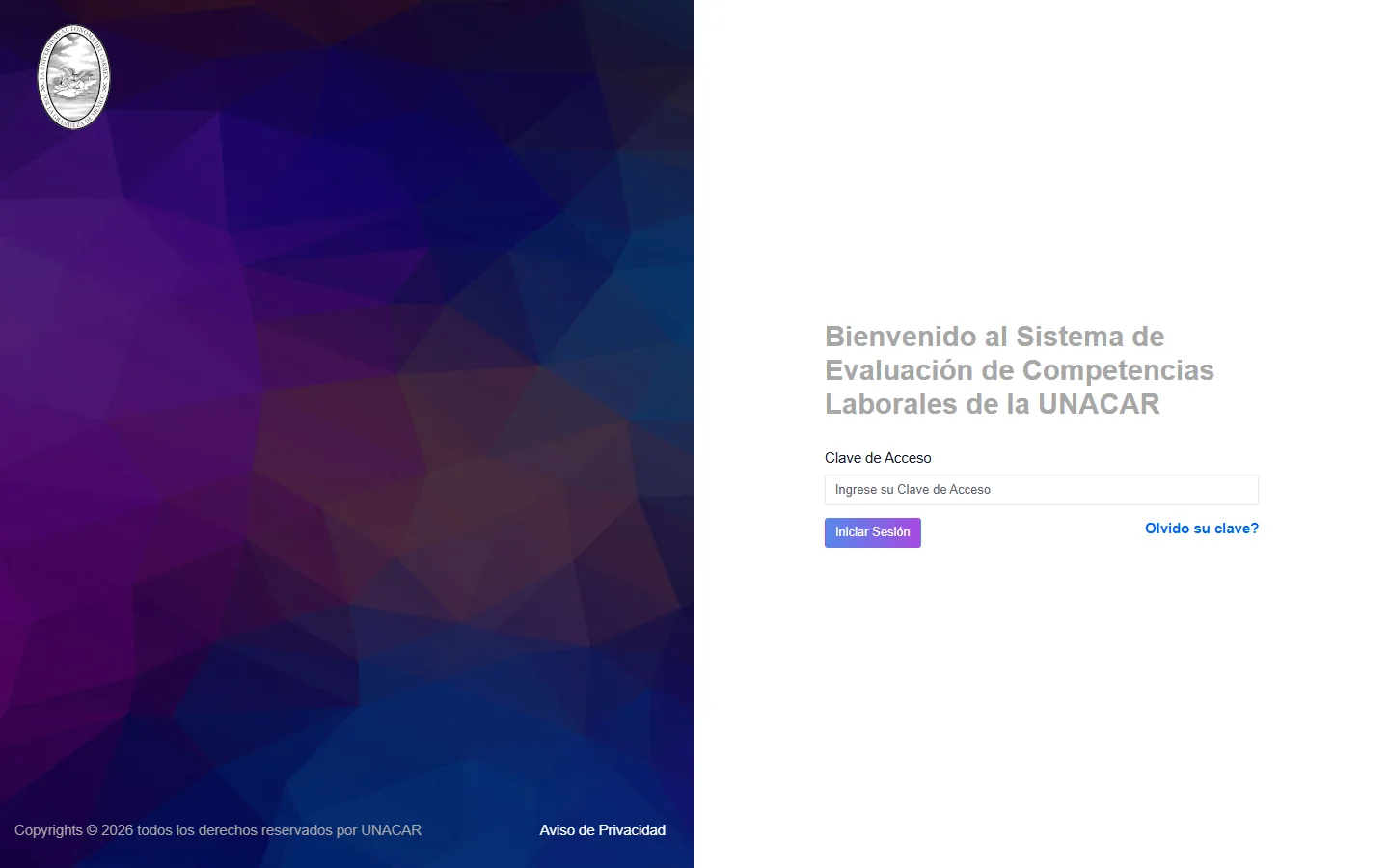 UNACAR — public access screen for competency evaluation.
