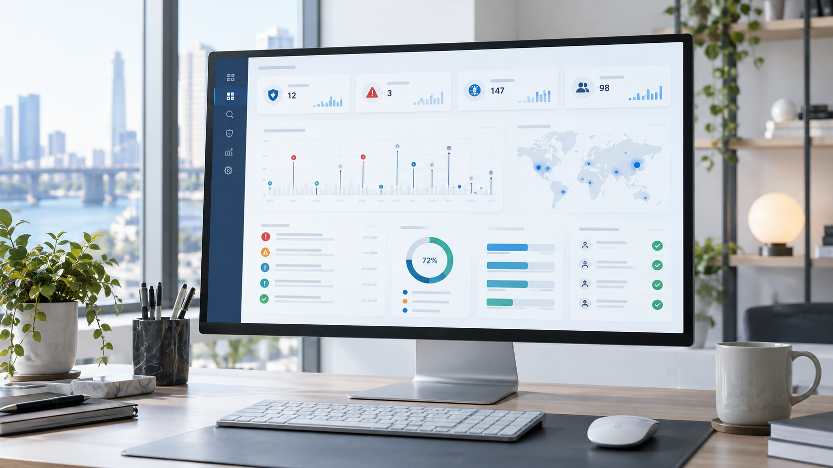 Security and risk monitoring dashboard with event timeline, risk exposure, and system health